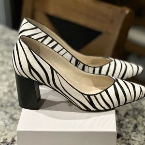 March Fisher Calf Hair Zebra Print White with Black Stripes Pumps Block Heels 9M